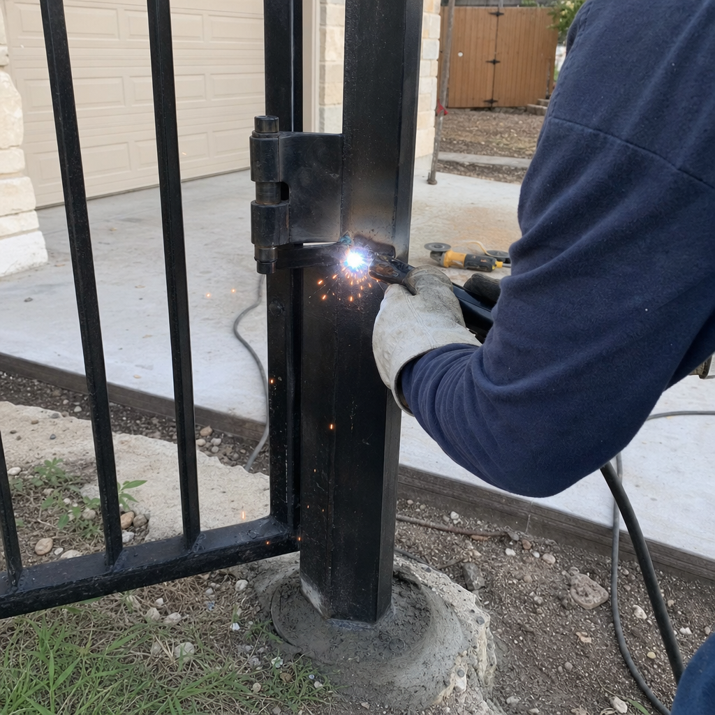 technician welding a metal gate hinge during installation
