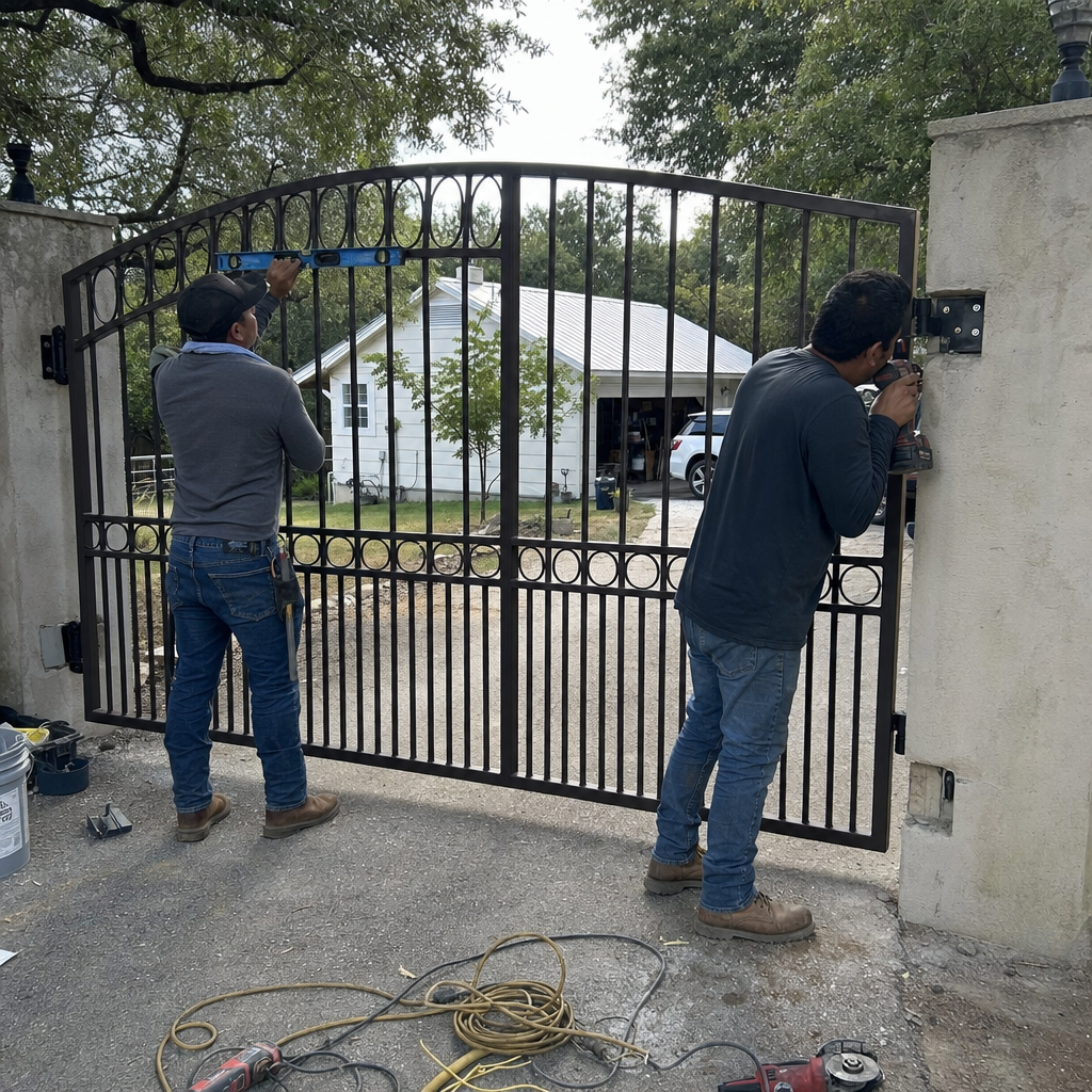 Two professional technicians installing a metal driveway gate with tools
