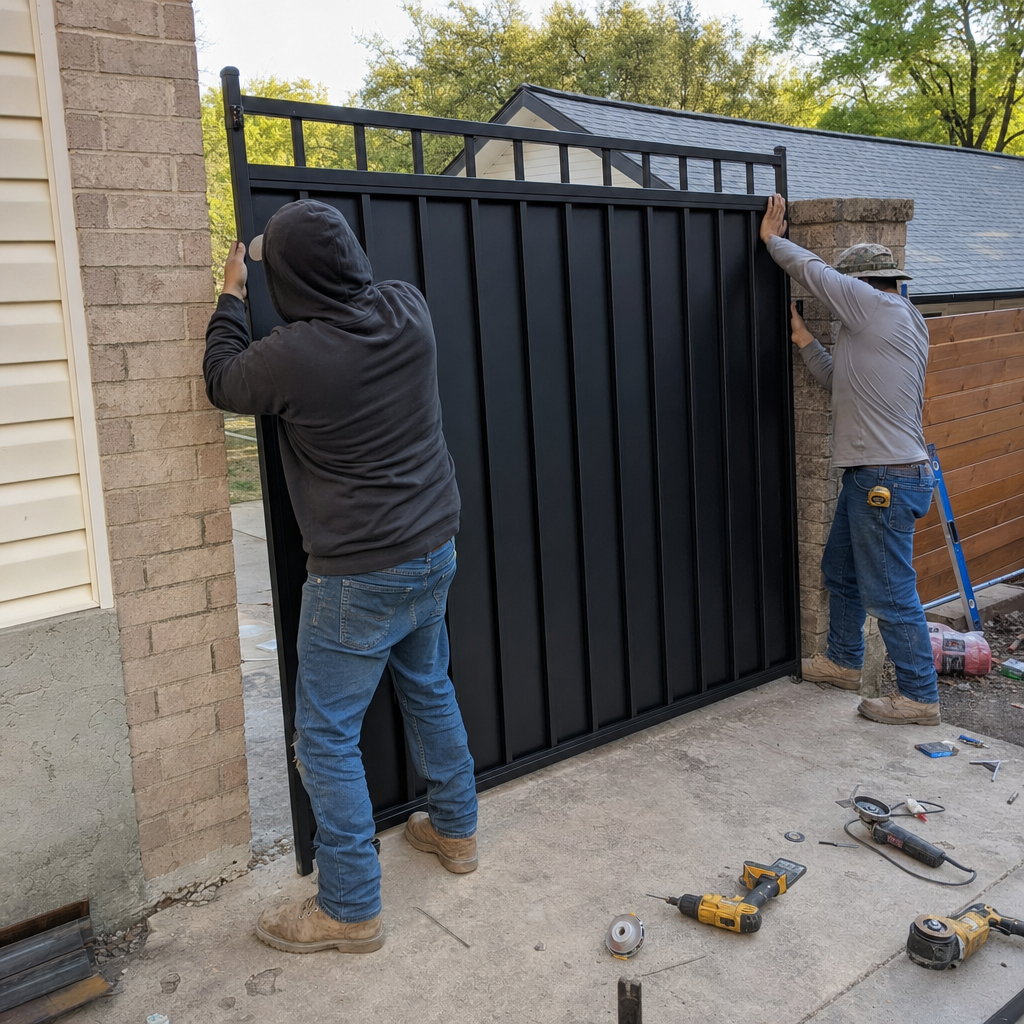 Two contractors performing a professional metal gate installation.