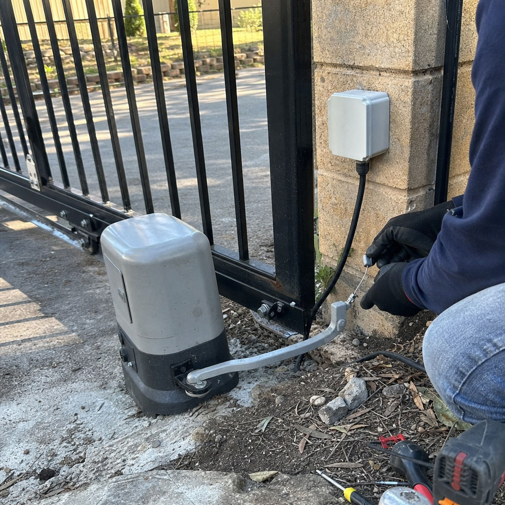 Technician repairing an automatic sliding gate motor and electric opener.