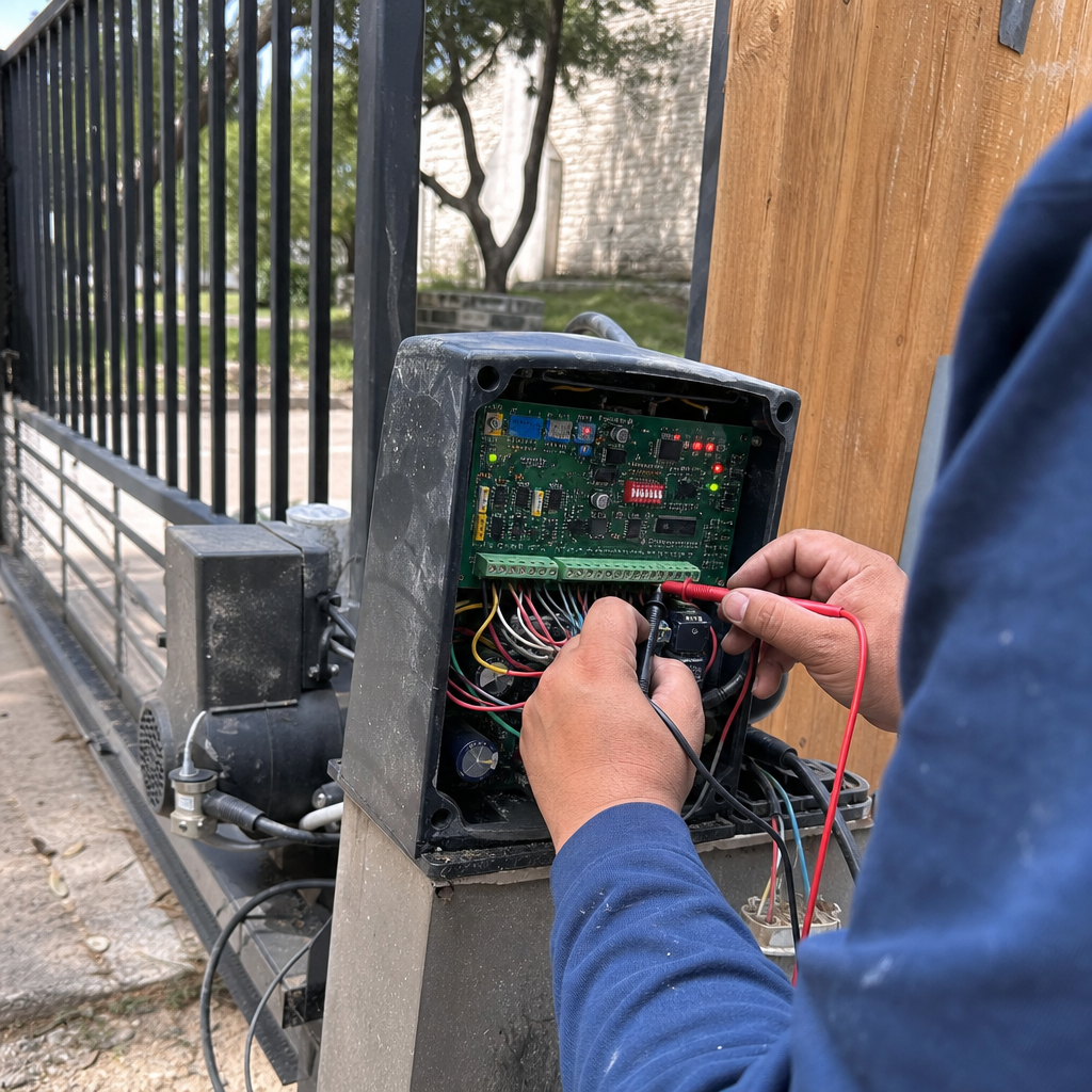 Technician using multimeter to troubleshoot electric gate opener circuit board