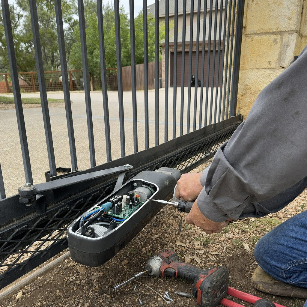 Technician performing professional gate motor and opener repair on residential driveway