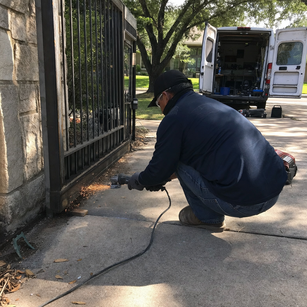 Professional technician using an angle grinder for residential gate repair