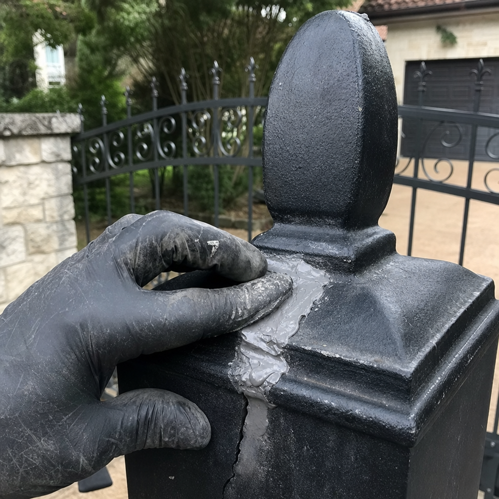 A gloved worker performing professional metal gate repair and crack sealing