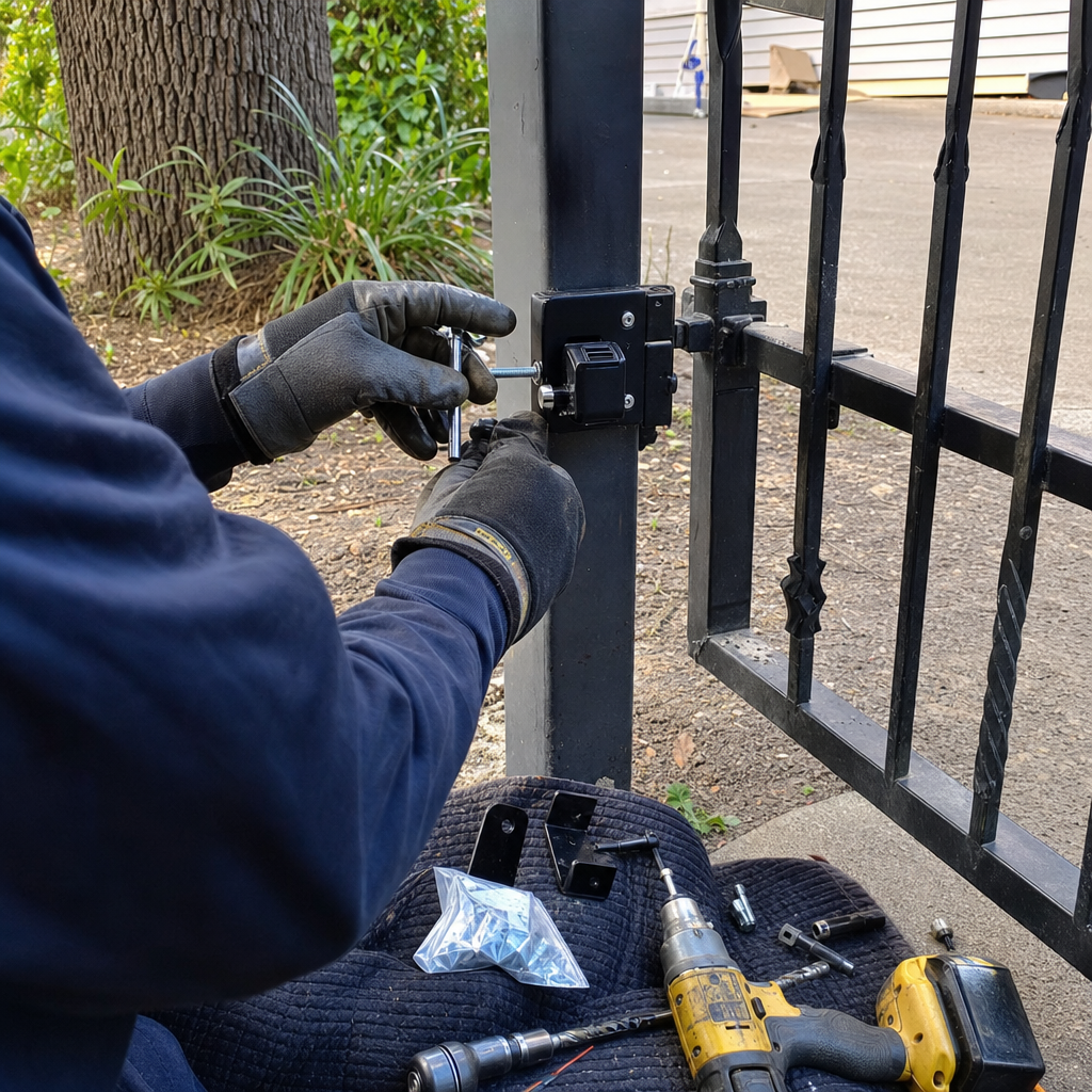Technician installing a lock on a metal fence gate