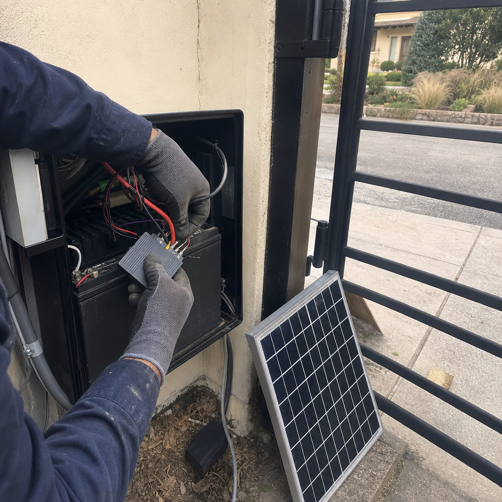 Technician performing professional gate access control and solar system repair in Austin, TX