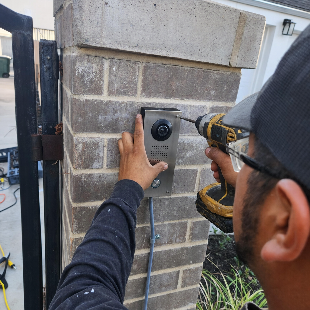 Technician installing gate access control intercom on brick pillar in Austin, TX
