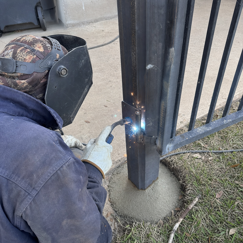 Professional welding a metal gate hinge onto a support post