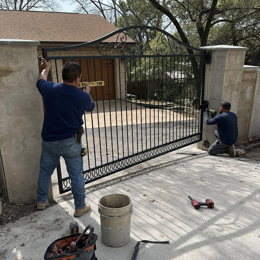 Two professionals installing a black wrought iron driveway gate.
