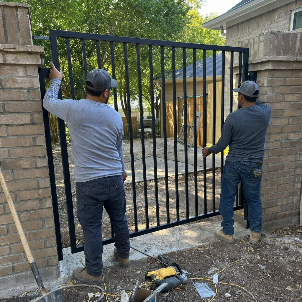 Two technicians installing a black metal driveway gate between brick pillars