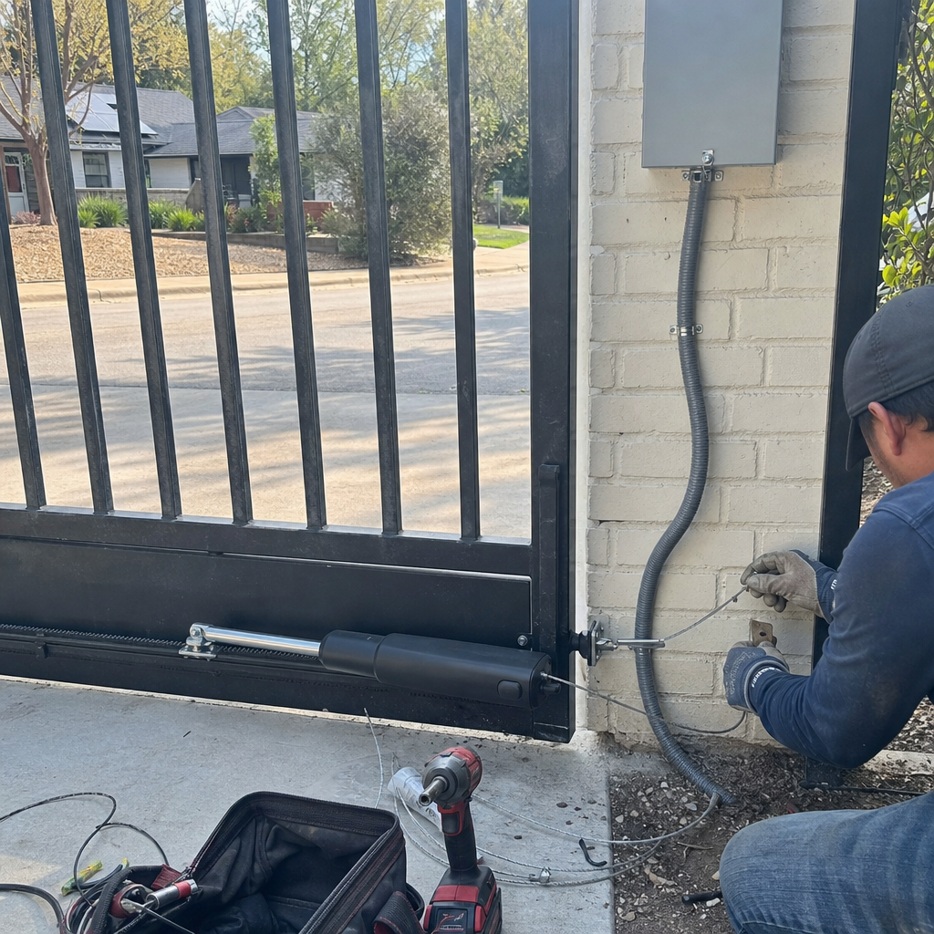 Technician installing electric gate motor and opener hardware