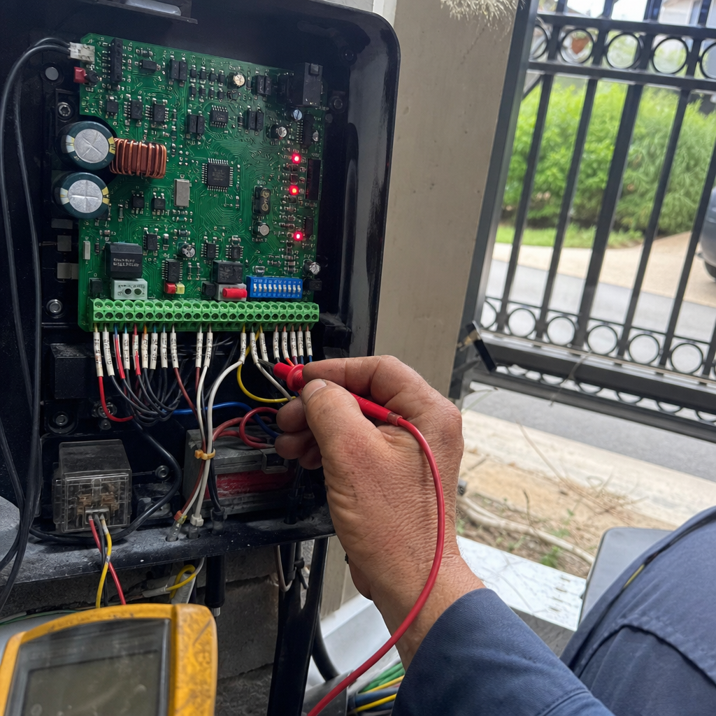 Technician troubleshooting gate motor control board wiring with a multimeter