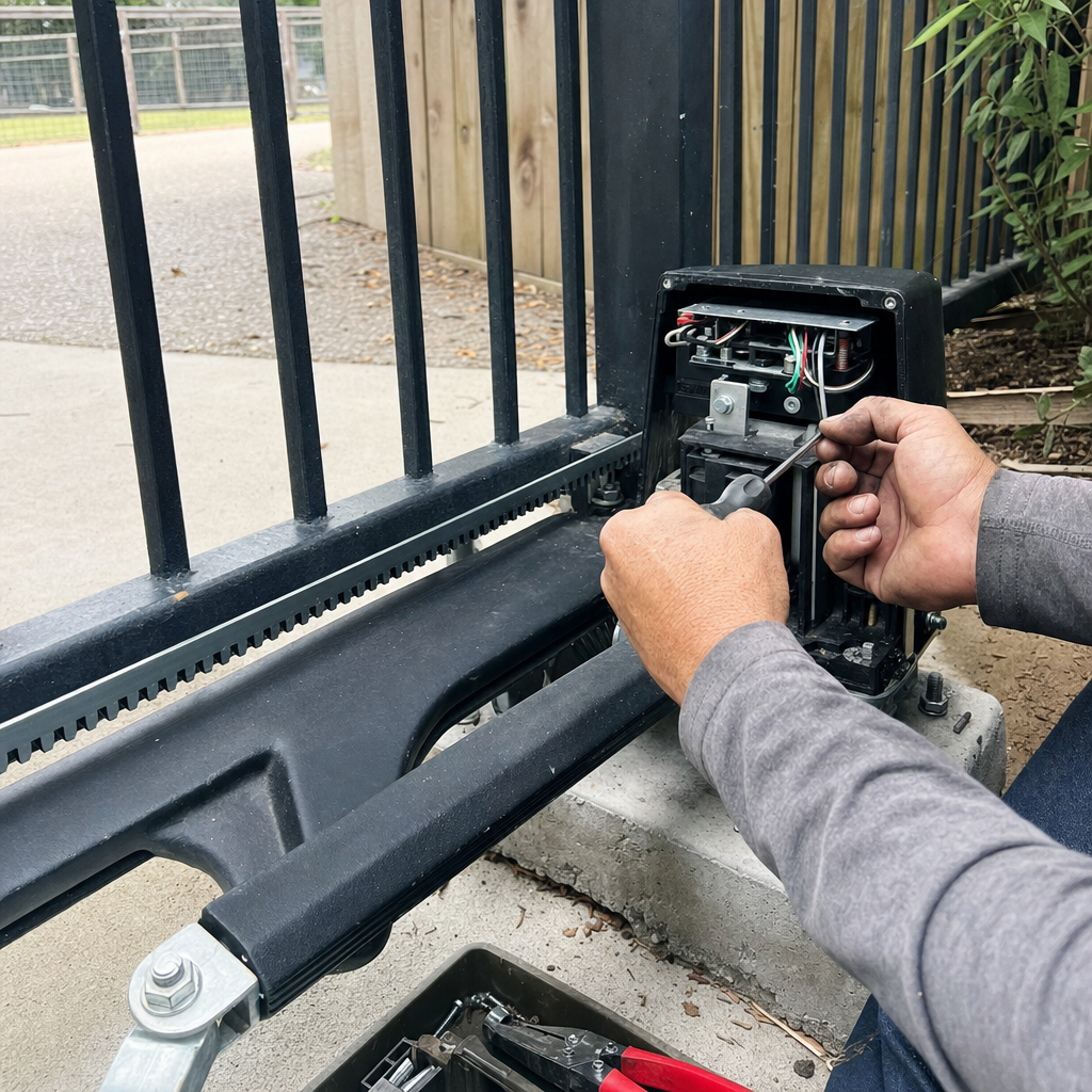Technician performing professional repair on an automatic sliding gate opener