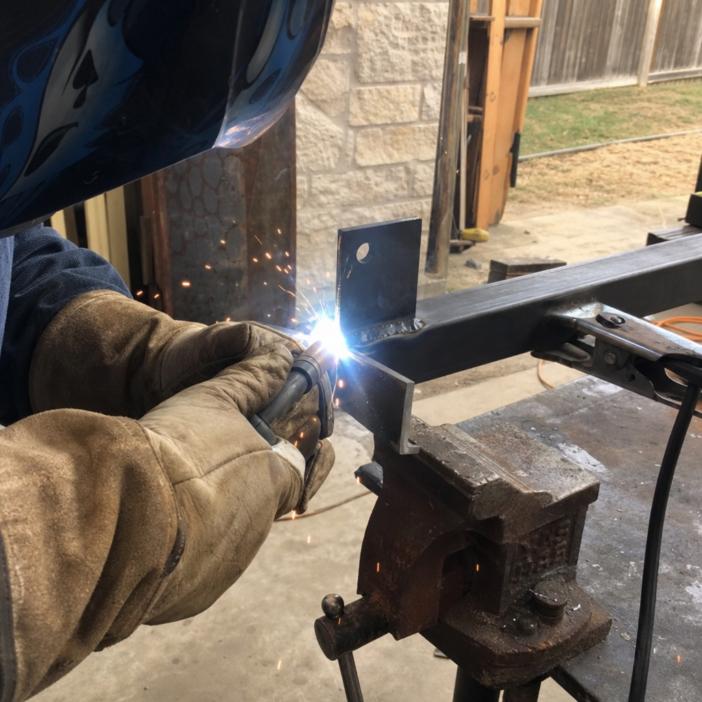 Professional welder performing metal gate parts welding and repair in Austin, TX