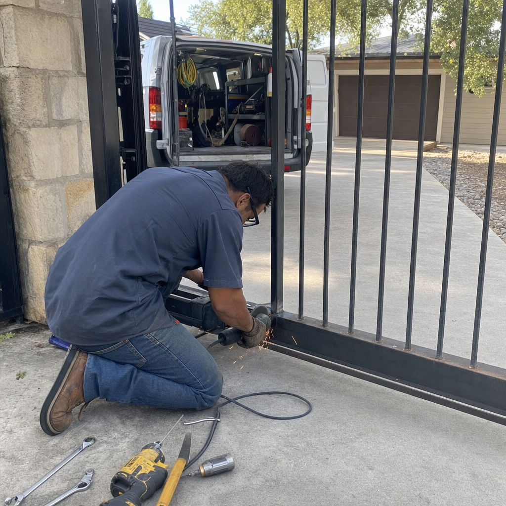 Technician using a power grinder to repair a metal gate
