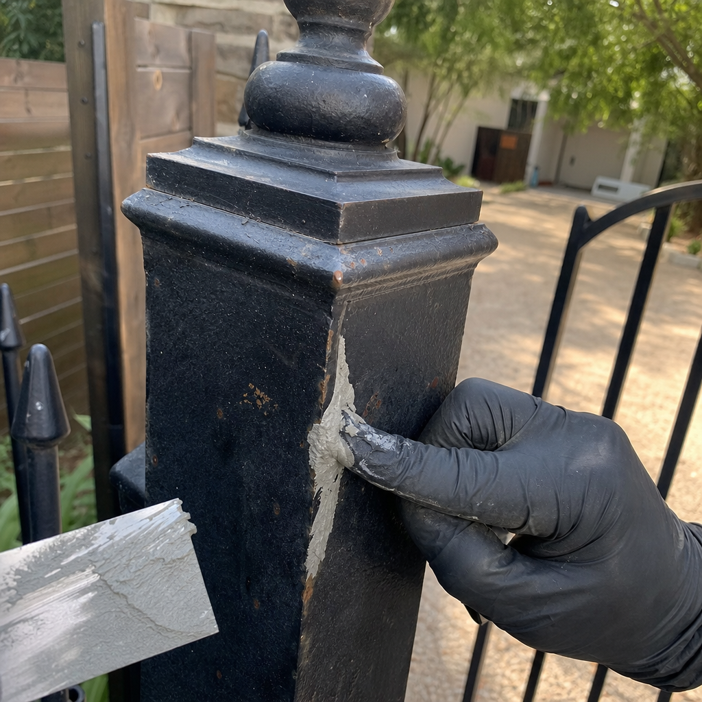 Gloved hand applying filler to a rusted metal gate post