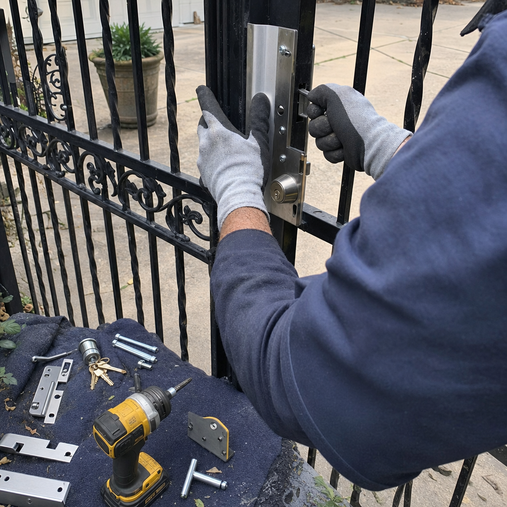 Technician repairing a metal gate with a power drill and hardware